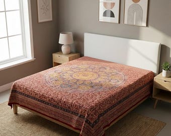 Kalamkari Block Printed Cotton Bedsheet with Floral and Traditional Motifs – 238 x 238 cm