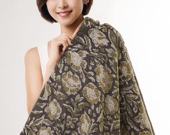 Dark Floral Cotton Fabric with Hand-Drawn Botanical Detailing