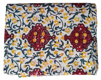 Handblock Printed Bagru Cotton Fabric – Green Floral Print Textile by the Yard