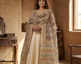 Golden Ochre Floral Vine Kalamkari Hand-Block Printed Cotton Dupatta