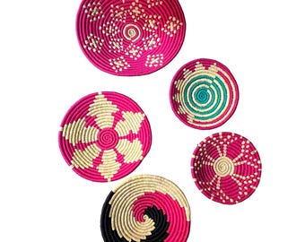 Set of Five Handwoven Boho Wall Baskets – Vibrant Tribal Pattern Home Decor