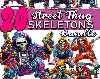 Badass Street Thug Skeleton Art Digital Download, PNG Transparent Background, Skeleton Clip art for Sublimation, DTG Heat Transfer, shirts