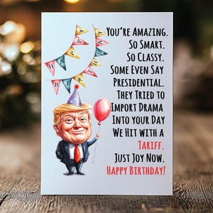 Grappige Trump-verjaardagswensen 2025 digitale downloads, Trump-verjaardagskaart png-ontwerp, nieuw verjaardagskaartbericht Trump-stijl humor, DIY-kaart
