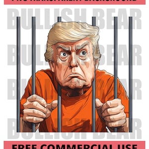May include: Illustration of a man behind bars, wearing an orange jumpsuit. The image includes the text "PNG TRANSPARENT BACKGROUND" and "FREE COMMERCIAL USE". The background has the words "BULLISH BEAR" in a faded font.