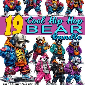 19 geniales descargas digitales de osos de hip hop, fondo transparente PNG de osos de graffiti, imágenes prediseñadas de osos para sublimación, DTG, camisetas, tazas, pegatinas