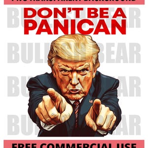 Puede incluir: Ilustración digital de una persona señalando al espectador, con el texto "DON'T BE A PANICAN" en rojo. La imagen también incluye las frases "PNG TRANSPARENT BACKGROUND" y "FREE COMMERCIAL USE".