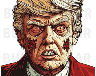 Può includere: Illustrazione di un personaggio simile a uno zombie con occhi arancioni, capelli biondi e un abito rosso. L'immagine ha uno stile fumettistico con ferite visibili sul viso, che trasmette un tema horror.