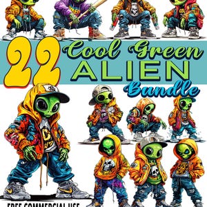 May include: A digital illustration featuring a collection of green aliens in streetwear. The aliens are wearing hoodies, jackets, and caps. Text reads "22 Cool Green Alien Bundle" and "Free Commercial Use PNG Transparent Background."