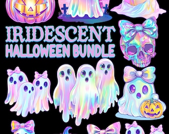 Schillernde Halloween-Charaktere PNG-Bundle, irisierendes Geist-Design, Kokette Halloween PNG, Girly Halloween, süßer Geist, Retro Neon Grafik