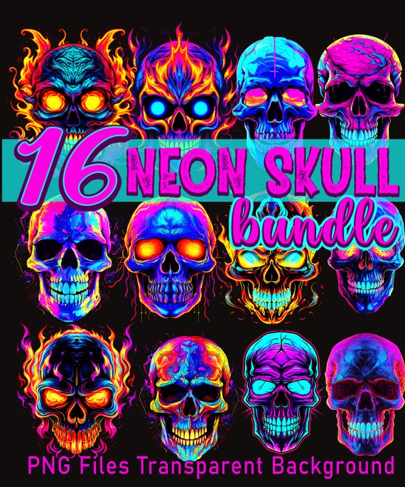 Neon Skull Digital Download, PNG File Transparent Background, PNG