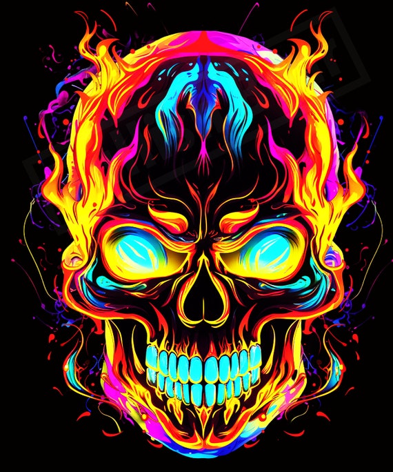 Neon Skull Digital Download, PNG File Transparent Background, PNG