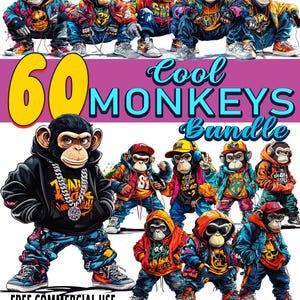 May include: A digital illustration of 60 cool monkeys wearing different colorful outfits and accessories. The monkeys are in various poses and expressions. The text "60 Cool Monkeys Bundle" is displayed above the monkeys. The text "Free Commercial Use PNG Transparent Background" is displayed below the monkeys.