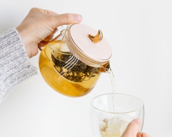 Glass Teapot With Infuser | Gold Accented Moon, Heart, or Star Shaped Lid