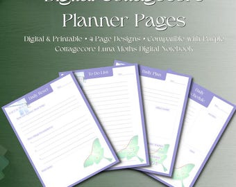 Páginas de agenda digital Purple Cottagecore Luna Moth, paquete de páginas PDF Whimsigoth Cute, agenda diaria de fantasía imprimible, páginas de autocuidado de hadas