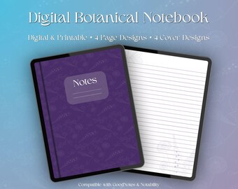 Cuaderno digital de estilo gótico botánico morado, paquete de páginas PDF con sutiles motivos herbales inspirados en la naturaleza, diario imprimible de estilo gótico oscuro y floral.