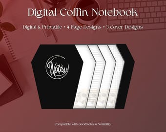 Cuaderno digital con forma de ataúd de bruja, paquete de páginas PDF de estilo gótico oscuro estilo academia, diario imprimible de grimorio de hechizos, libro digital de las sombras