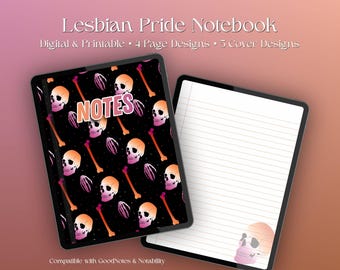 Cuaderno digital con calavera de orgullo lésbico de bruja, papelería gótica imprimible de orgullo lésbico, diario de orgullo LGBT+ (descarga digital)
