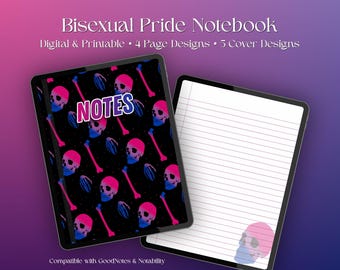 Cuaderno digital con calavera del orgullo bisexual, papelería gótica LGBT+ (descarga digital)