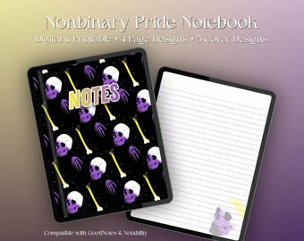 Cuaderno digital con calavera del orgullo no binario, papelería gótica LGBT+ (descarga digital)