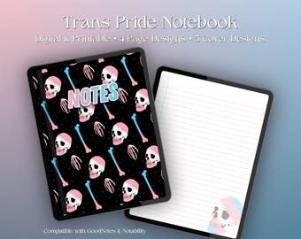 Cuaderno digital con calavera del orgullo trans gótico, papelería imprimible de estilo brujo para el orgullo transgénero, diario del orgullo LGBT+ (descarga digital)