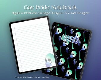Cuaderno digital con calavera del orgullo gay gótico, papelería imprimible de estilo academia oscura para el orgullo gay, diario del orgullo LGBT+ (descarga digital)