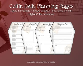 Páginas de agenda digital con forma de ataúd gótico, paquete de páginas PDF de estilo gótico oscuro, agenda diaria imprimible con grimorio, páginas de autocuidado espeluznantes.