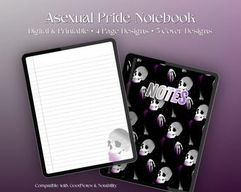 Cuaderno digital con calavera del orgullo asexual, papelería gótica LGBT+ (descarga digital)