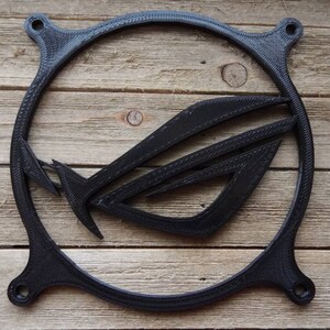 May include: A black plastic fan grill with the ASUS ROG logo printed on it. The grill is circular and has a textured surface.