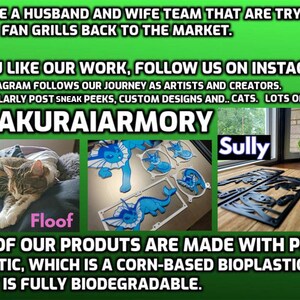 May include: A husband and wife team create custom fan grills made from PLA+ plastic, a corn-based biodegradable material. The image shows a blue and white fan grill, a black fan grill, and two cats. The text "@SAKURAIARMORY" is displayed on the image.