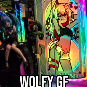 May include: A colorful computer case with a custom fan grill featuring an anime character with pink hair and a black and white outfit. The text "WOLFY GF 120/240/360MM" is printed on the case.