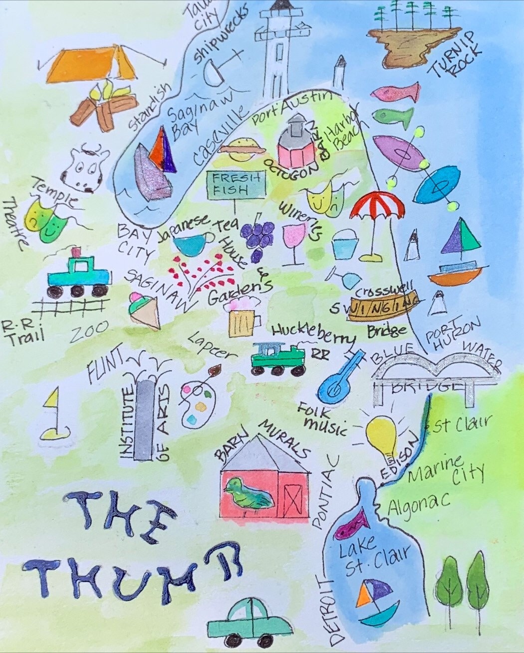 The Thumb Michigans Thumb Cartoon Map the Thumb Travel Etsy