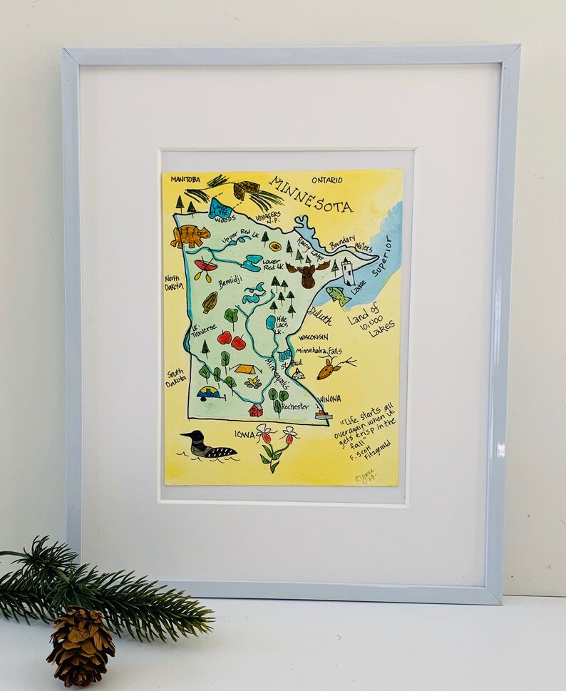 Minnesota map Minnesota tourist map pictorial map USA maps,original watercolor Minnesota state map Minnesota map gifts 5x7