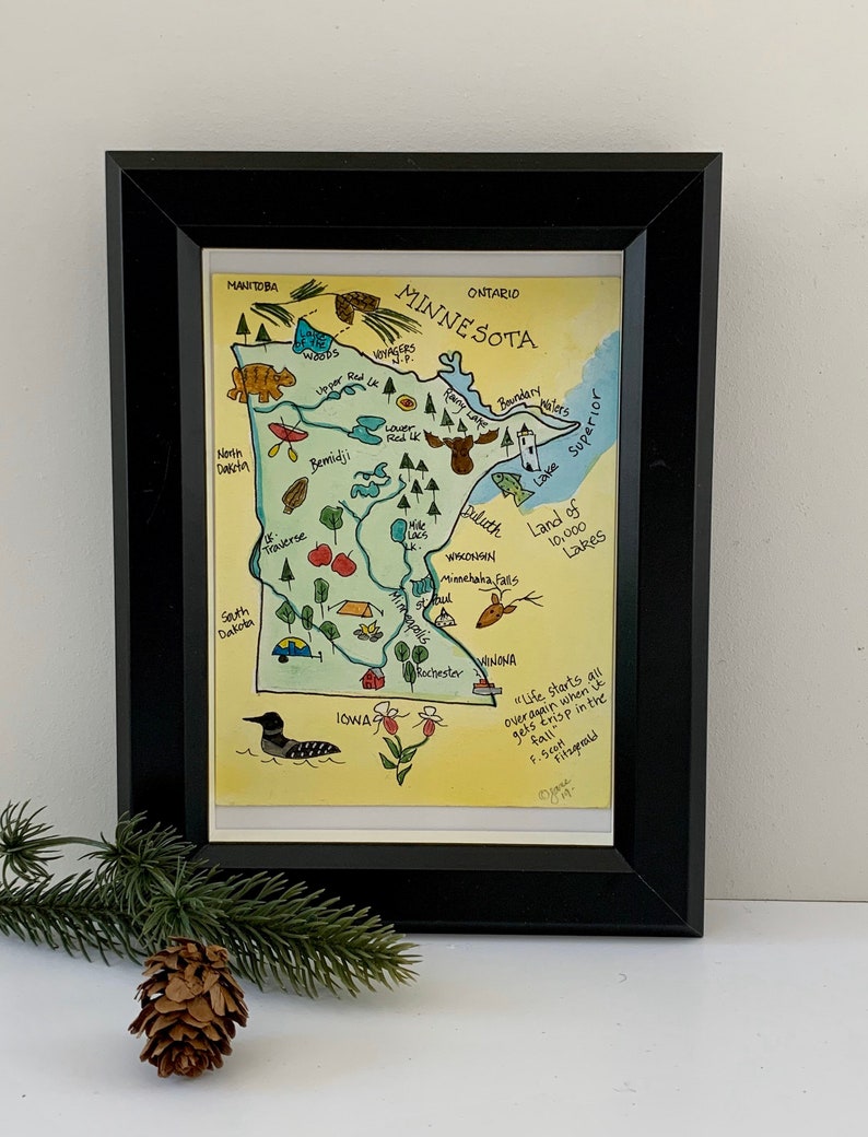 Minnesota map Minnesota tourist map pictorial map USA maps,original watercolor Minnesota state map Minnesota map gifts 5x7