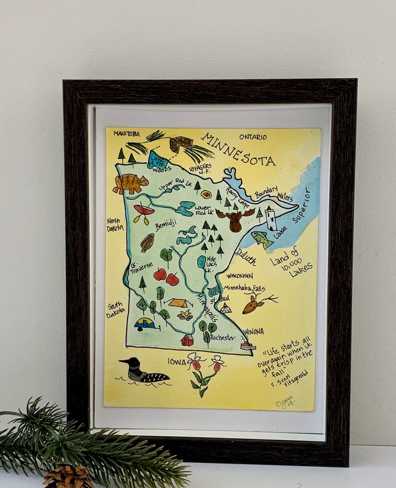 Minnesota map Minnesota tourist map pictorial map USA maps,original watercolor Minnesota state map Minnesota map gifts 5x7