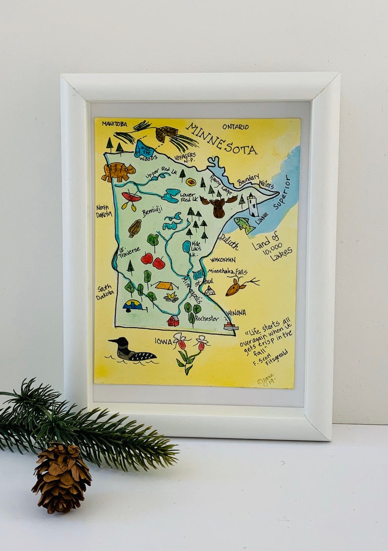 Minnesota map Minnesota tourist map pictorial map USA maps,original watercolor Minnesota state map Minnesota map gifts 5x7