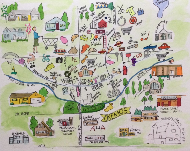 Okemos Michigan Okemos Michigan Map Watercolor Michigan Etsy