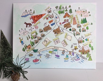 Camp, Summer Camp, sleep Away Camp, Camp map, Camp gifts, cottage decor, map gift, summer memories, hand drawn, watercolor, 8 x 10