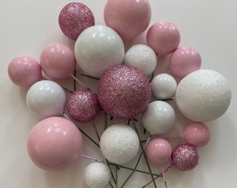 Cake ball toppers, pink white cake decorations 20pcs