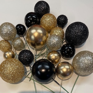 Cake ball toppers, black and gold cake decorations 20 pcs