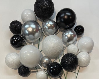 Cake ball toppers, black silver white cake decorations 20pcs