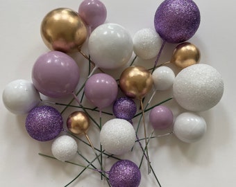 Cake ball toppers, purple lilac gold white cake decorations 20pcs