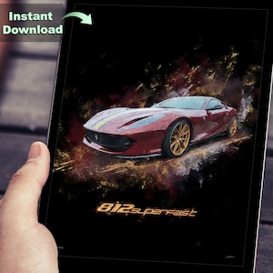 Ferrari 812 Superfast, V12, Portrait & Landscape, Oil Painting Effect, Textured, Digital, Print, WallArt, Decoration, Gift, Download,SVG,JPG