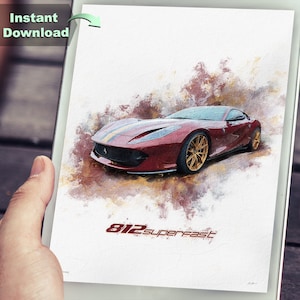 Ferrari 812 Superfast, V12, Portrait & Landscape, Oil Painting Effect, Textured, Digital, Print, WallArt, Decoration, Gift, Download,SVG,JPG