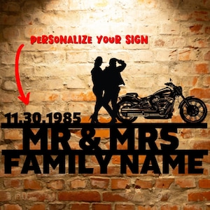 Motorcycle Sign Wedding Gift for Biker Couple Established Date Sign Personalized Harley Davidson Gift Family Name Set 08