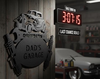 Dad's Garage Sign, Personalized Hot Rod Metal Wall Art, Custom Name and Est Year, Laser Cut Steel, Gift for Car Lover Dad
