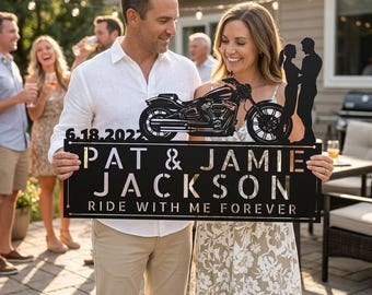 Personalized Motorcycle Couple Metal Sign – Custom Names & Date Biker Love Wall Art Gift