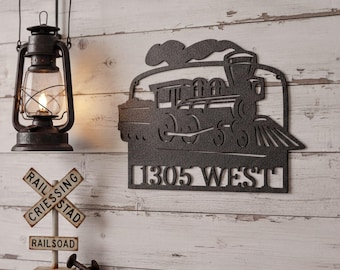 Train Address Metal Sign – Custom House Number Steam Engine Wall Art