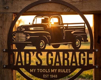 Ford F-1 Garage Sign: Personalized Steel Wall Decor for Car Fans