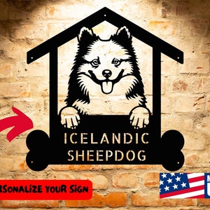 Icelandic Sheepdog Dog Name Sign, Personalized Dog Breed Steel Monogram Wall Art, Customized Pet Welcome Sign Home Decor