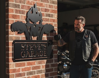 Personalized Garage Metal Sign – Skull & Pistons Wall Art for Mechanics